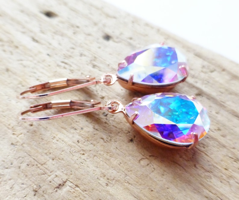 Aurora Borealis Rose Gold Earrings Swarovski Crystal | Etsy
