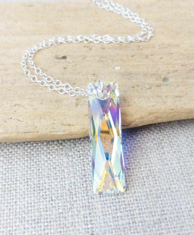Aurora Borealis Crystal Necklace Swarovski Rectangle Pendant Sterling Silver Column Prism Gift For Her Ab Jewelry