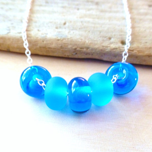 Light Blue Aqua Lampwork Glass Necklace, Frosted Blue & Dark Blue Rondelles, Sterling Silver Necklace, Ocean