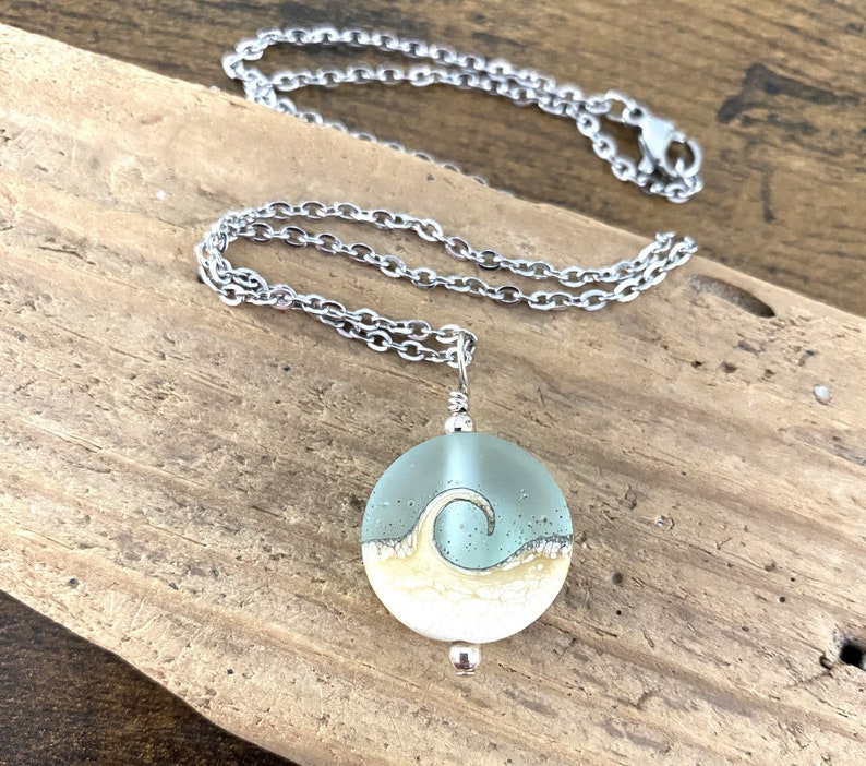 Wave Necklace, Beach Necklace, Ocean Wave Pendant, Lampwork Necklace, Beach Wedding, Beach Lover Gift, One 1 Pendant or Necklace image 1