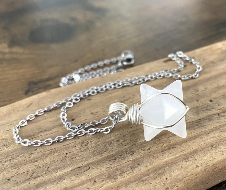 Small Quartz Necklace, ONE 1 Merkabah Star Necklace, Layering Necklace, White Stone Wire Wrapped Pendant, Stainless Steel Jewelry image 5