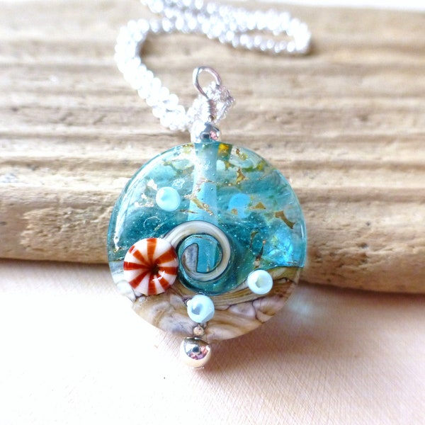 Small Beach Wave Necklace, Nautical Wave Lampwork Pendant Necklace, Ocean Blue Waters Lentil Bead, Lampwork Necklace, Gift for Her, Gifts