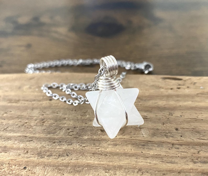 Small Quartz Necklace, ONE 1 Merkabah Star Necklace, Layering Necklace, White Stone Wire Wrapped Pendant, Stainless Steel Jewelry image 1