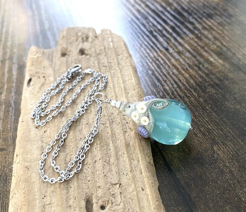 Large Beach Teardrop Necklace, OOAK Lampwork Glass Wave, Seafoam Green/Blue Pendant, Beach Jewelry, Artisan Handmade Glass Teardrop image 5