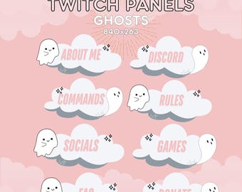 May include: Pink and white Twitch panel templates featuring cute ghost illustrations and text labels such as "About Me", "Discord", "Commands", "Rules", "Socials", "Games", "FAQ", and "Donate".