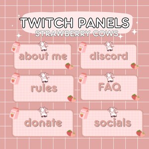 Może przedstawiać: Różowe panele Twitch z tekstem "TWITCH PANELS" i "STRAWBERRY COWS". Każdy panel ma truskawkę, krowę i grafikę kartonu mleka. Panele zawierają tekst "about me", "discord", "rules", "FAQ", "donate" i "socials".