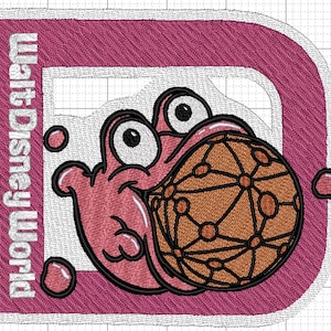 May include: Embroidered patch with a cartoon character holding a geometric ball. The character is pink with black outlines and large eyes. The patch is in a magenta D shape with "Walt Disney World" in white text.