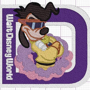 May include: A purple and white embroidered patch featuring a cartoon dog wearing sunglasses and a yellow jacket. The dog is standing on a pink and purple cloud. The text "Walt Disney World" is on the left side of the patch.