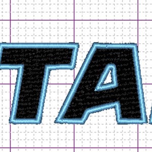 May include: Embroidered design displaying the word "UTAH" in bold, black letters with a light blue outline. The "U" incorporates a stylized design in black and white. The design is set against a grid background.