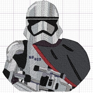 Może przedstawiać: Wyszywany obraz szturmowca z Gwiezdnych Wojen, z białymi i czarnymi detalami i czerwoną wstążką na ramieniu.