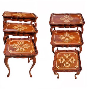 Handmade Wooden Nesting Tables Set of 3, Luxury Carved Coffee Table, Vintage Wooden Side Tables, Stackable Accent Table Set for Living Room