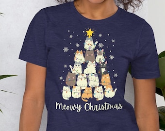 Funny Christmas Cat Tee Shirt, Holiday Tree Top, Meowy Christmas