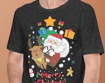 Fun Christmas Tee Shirt: Santa Claus And His Sleigh