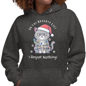 May include: Dark gray hoodie featuring a grumpy cartoon cat wearing a Santa hat and Christmas lights. The text reads "ON THE NAUGHTY LIST" and "I Regret Nothing!" The hoodie has a front pocket and a drawstring hood.
