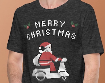 Santa On A Moped Christmas Tee Shirt:  Funny Holiday Season Top