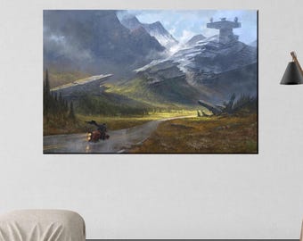 May include: A rectangular wall art print depicting a science fiction landscape with a crashed starship resting against a mountain range. A small vehicle travels along a road in the foreground, surrounded by green fields, dark forests, and cloudy skies.