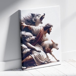May include: A canvas print showing a religious scene. A figure in white and red robes is surrounded by wolves and a lamb. The wolves are snarling, and the lamb is being protected. The artwork is set against a white background.