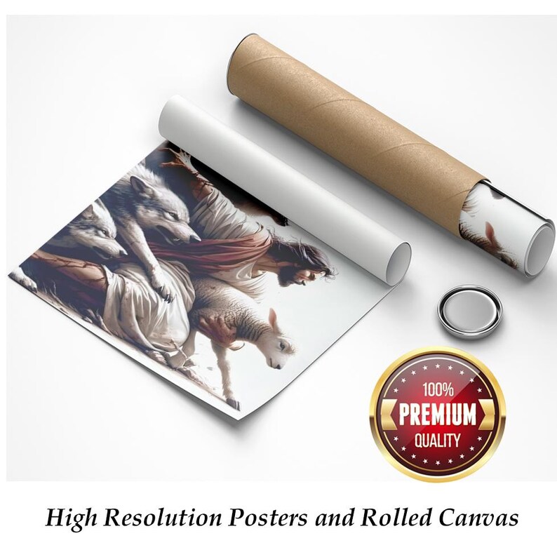 May include: A rolled canvas print and a poster featuring a religious image of a man with a lamb and wolves. The image is in neutral tones with a gold and red quality seal. The text "High Resolution Posters and Rolled Canvas" is at the bottom.