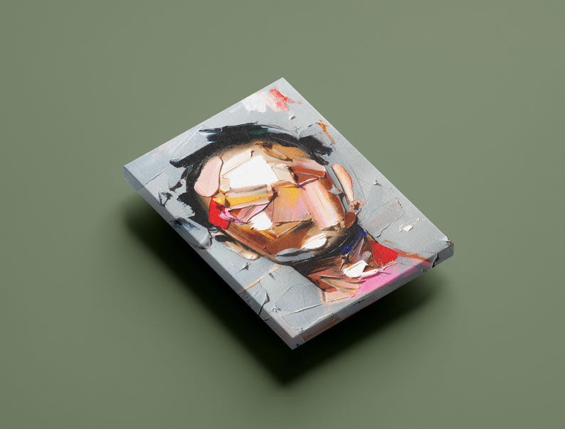 May include: Abstract painting of a person's face with a textured background. The face is made up of different colored shapes and the background is a light gray with a crackled effect.