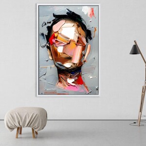 May include: Abstract painting of a person's face with colorful, textured brushstrokes. The face is partially obscured by the brushstrokes, creating a sense of mystery. The background is a muted gray.