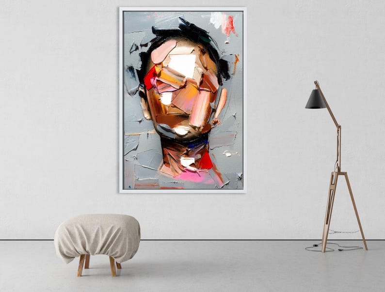 May include: Abstract painting of a person's face with colorful, textured brushstrokes. The face is partially obscured by the brushstrokes, creating a sense of mystery. The background is a muted gray.