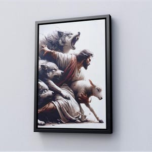 May include: A framed canvas art print showing a biblical scene. A man in white and red robes is surrounded by wolves and a lamb. The wolves are snarling, and the lamb is looking away. The artwork is set against a white background.