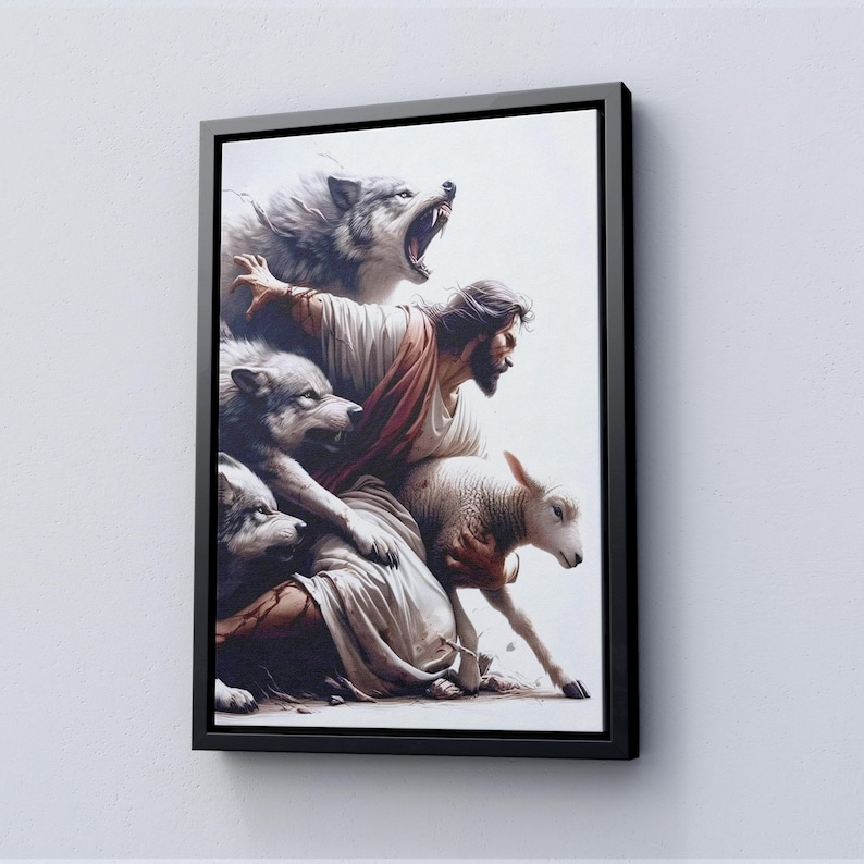 May include: A framed canvas art print showing a biblical scene. A man in white and red robes is surrounded by wolves and a lamb. The wolves are snarling, and the lamb is looking away. The artwork is set against a white background.