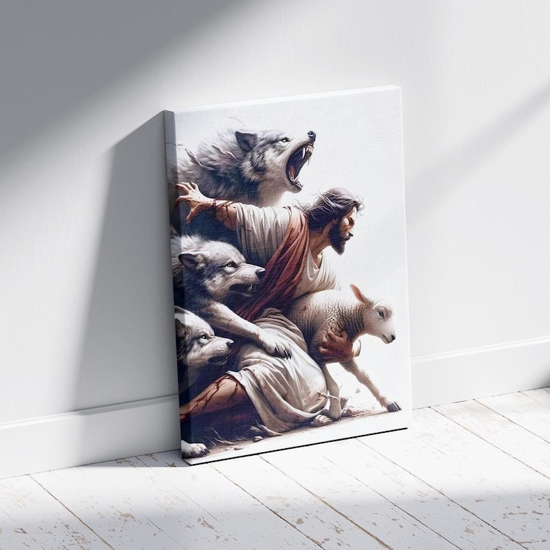 May include: A canvas print showing a religious scene. A figure in white and red robes is surrounded by wolves and a lamb. The wolves are snarling, and the lamb is being protected. The artwork is set against a white background.