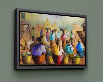 African Art Canvas Print, Framed Market Scene, Home Decor