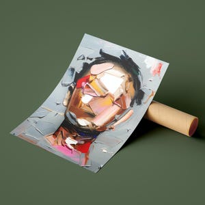 May include: Abstract painting of a person's face with a colorful, fragmented style. The face is painted in shades of brown, pink, yellow, and blue, with a white background.