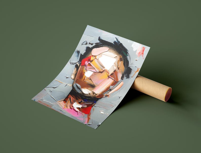 May include: Abstract painting of a person's face with a colorful, fragmented style. The face is painted in shades of brown, pink, yellow, and blue, with a white background.