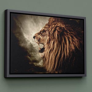 Brüllender Löwe gegen Gewitterhimmel Kunst Löwe Leinwand Wand-Kunst Löwe-Wand-Dekoration Löwe Leinwand-Kunst Löwen-Kunst Große Leinwand Wand-Dekor Kunstwerk