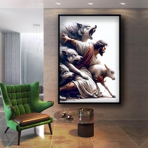 May include: A framed art print showing a biblical scene. A figure in white robes is surrounded by wolves and a lamb. The artwork has a dramatic, painterly style with a white background and black frame. The wolves are snarling.