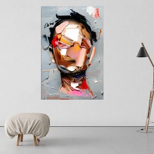 May include: Abstract painting of a person's face with colorful, textured brushstrokes. The face is partially obscured by the brushstrokes, creating a sense of mystery and depth.