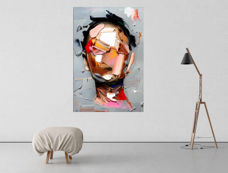 May include: Abstract painting of a person's face with colorful, textured brushstrokes. The face is partially obscured by the brushstrokes, creating a sense of mystery and depth.