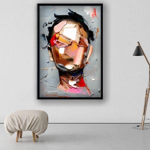 May include: Abstract painting of a person's face with colorful, textured brushstrokes. The face is partially obscured by the brushstrokes, creating a sense of mystery and depth. The background is a muted gray.