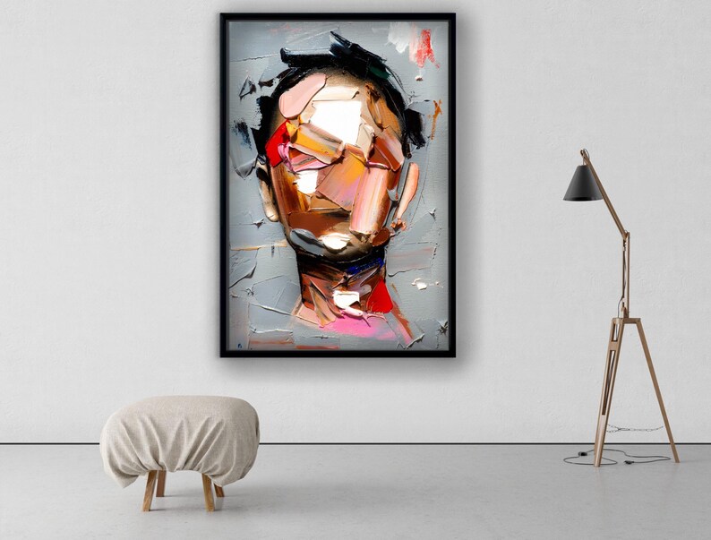 May include: Abstract painting of a person's face with colorful, textured brushstrokes. The face is partially obscured by the brushstrokes, creating a sense of mystery and depth. The background is a muted gray.
