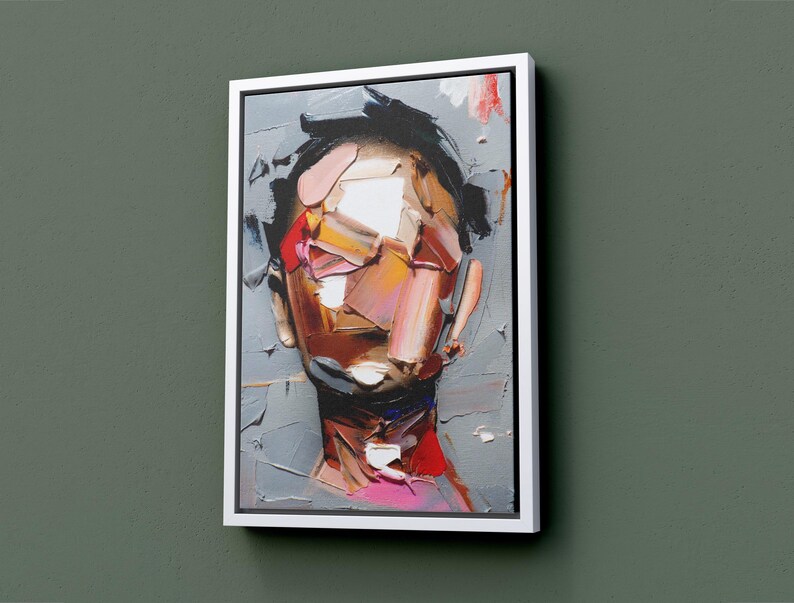 May include: Abstract painting of a person's face with colorful, geometric shapes and a gray background.