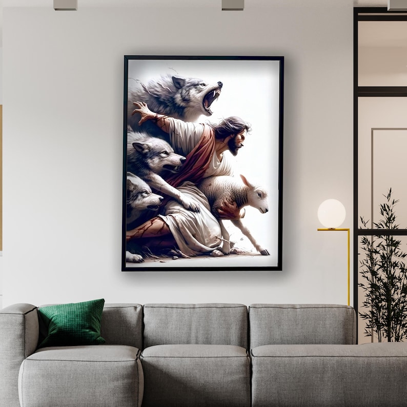 May include: A framed art print showing a biblical scene. A figure in white robes and a red sash protects a lamb from snarling wolves. The artwork has a dramatic, painterly style with a white background and black frame.