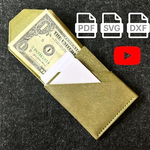 May include: An olive green leather wallet, showing a one-dollar bill and white cards. The wallet is stitched with a lighter green thread. Icons for PDF, SVG, and DXF files are in the upper right corner, with a YouTube logo below.