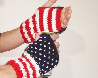 hand Knit Fingerless Gloves Red white blue american Flag stars & Stripes Men's Women's Hers Him gift winter dad christmas gift from daughter