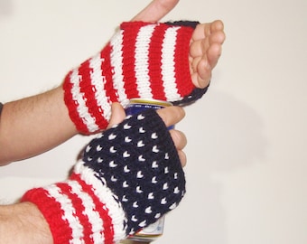 Hand Knit American Flag Fingerless Gloves: Patriotic Winter Gift