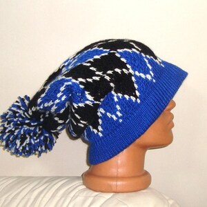 Hand Knit Slouchy Beanie: Argyle Hat, Gray Black Wool Blend Winter Outfit image 6