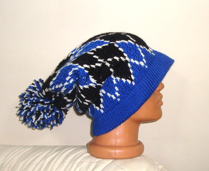 Hand Knit Slouchy Beanie: Argyle Hat, Gray Black Wool Blend Winter Outfit image 6