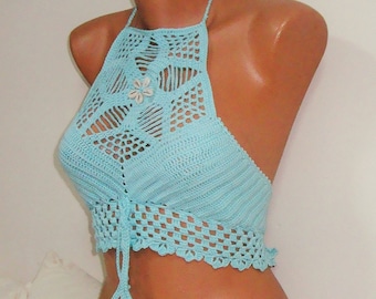 Crochet tops for women summer beach Crop tops with Cowrie shell mint green Clothing festival clothes gift for hers for sale