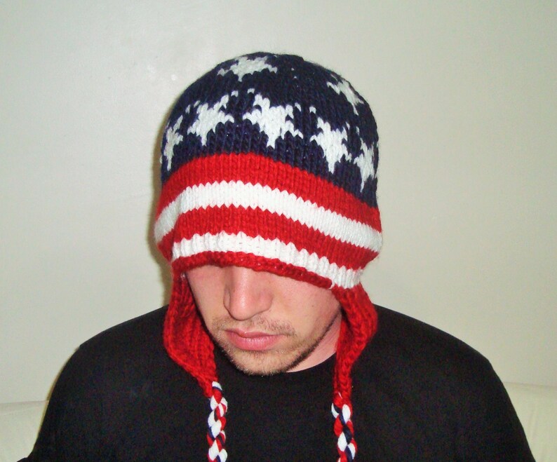 Hand Knit Hat for large head Men XXXL Red White Blue Stars and Etsy