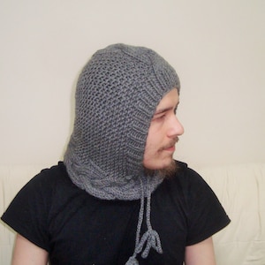 Hand Knit Balaclava Hood: Gray Wool Blend Winter Hat Men Women Gifts