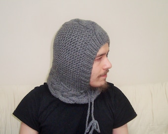 hand knit  balaclava hood women's men's hats hand knitted hot winter gray gifts for him women men