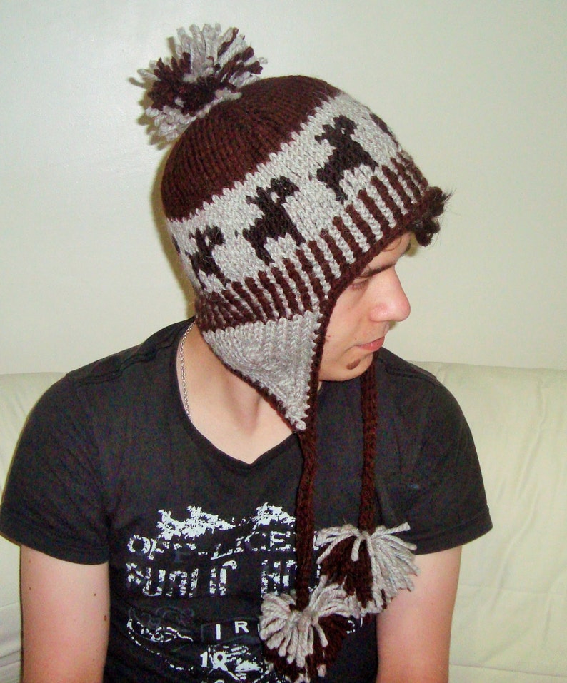 Knitted Mens Ear Flap Winter Hat Beige Brown Dog Hand Knit Etsy