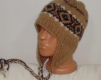 Hand Knit Ear Flap Hat: Beige Brown Wool Blend Winter Hat Men Women